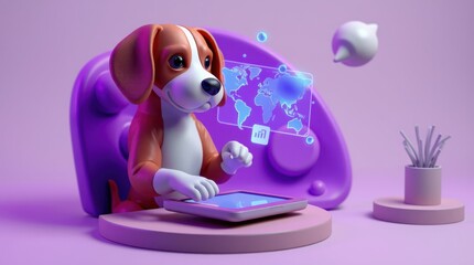 Cartoon dog using futuristic tech, exploring global data on a tablet in a playful, modern setting.