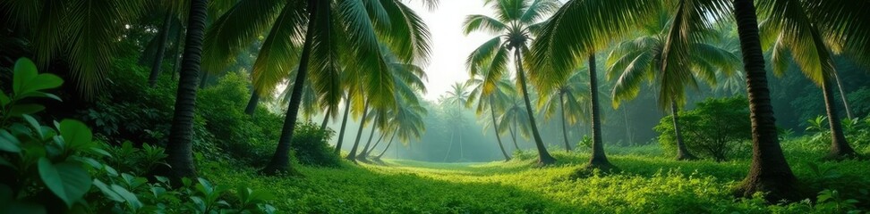 Dense palm forest with tall trees swaying gently in the breeze, green foliage, peaceful