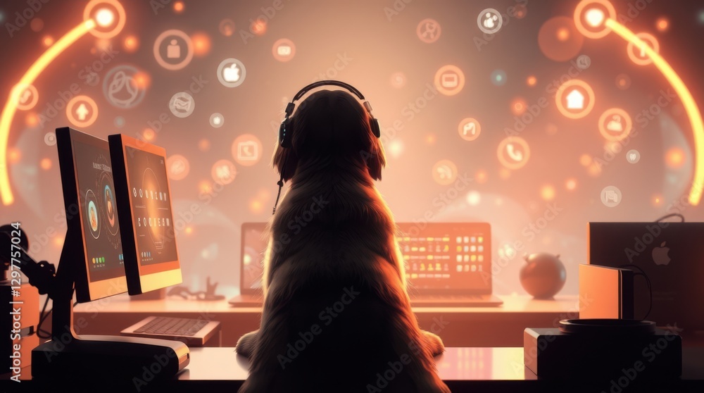 Poster dog developer facing multiple screens with headphones on, surrounded by tech in a modern office sett