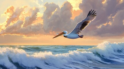 Naklejka premium A graceful pelican flying over ocean waves during golden sunset