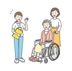 ケアマネから説明を受ける女性とおばあさんのイラスト