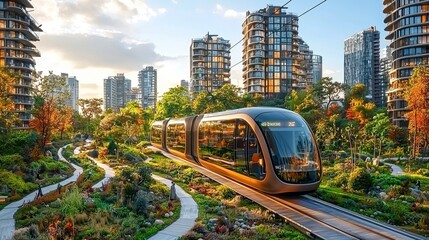 Modern Tram Traveling Through a Lush Urban Park Surrounded by Sleek Highrise Buildings at Sunset