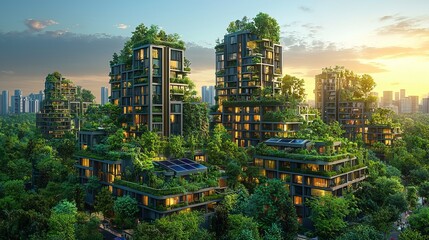 Stunning Aerial View of EcoFriendly Modern Apartments Integrated with Lush Greenery at Sunset