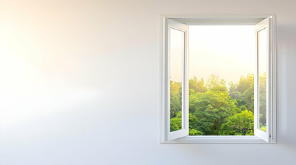 Open Window Revealing Green Trees And Sunlight Against White Wall Interior