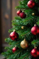 Dense spruce branches against a wooden background, adorned with red glass balls and golden ornaments, rustic, Christmas, red glass balls
