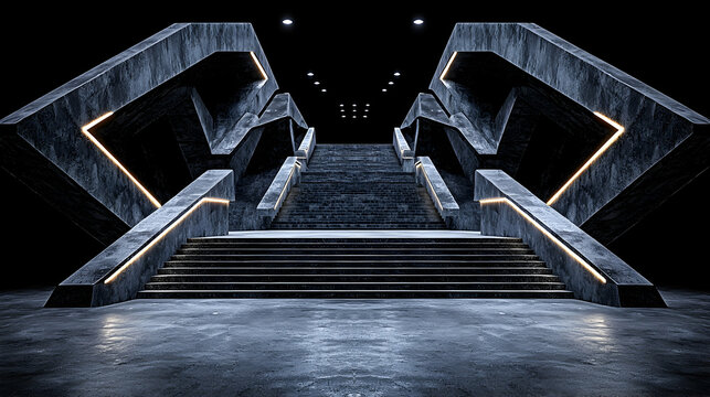 Futuristic concrete stairs, dark setting, glowing lights, architectural background