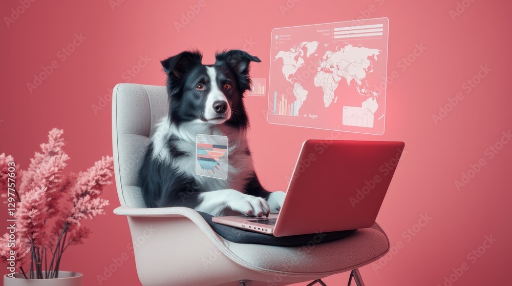 Poster dog using computer with world map and graphs in a modern setting; concept working from home animal