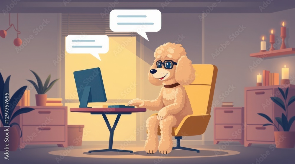 Poster dog using computer in a home office setting, typing while speech bubbles appear above its head.