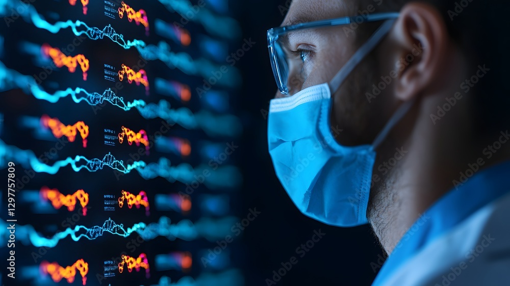 Aufkleber scientist in face mask analyzing complex data on screen biomedical research genetic data