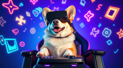 Dog in VR: A corgi enjoys a virtual reality experience while sitting in a gaming chair, neon lights in the background.