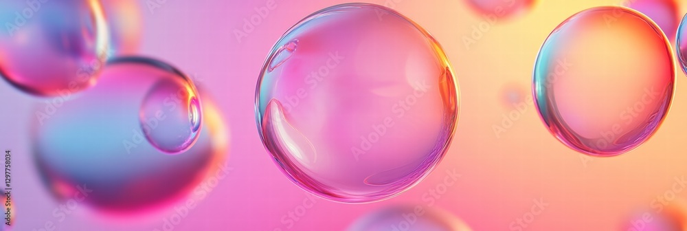 Poster colorful soap bubbles floating gracefully against a vibrant pastel background during soft lighting. 