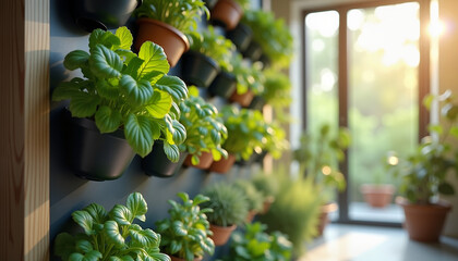 Fototapeta premium Vertical garden with potted plants in warm sunlight