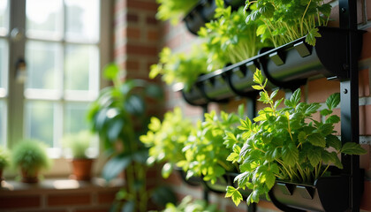 Indoor vertical herb garden with black planters on brick wall