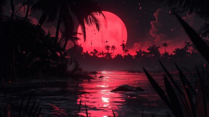 Crimson lunar glow painting scenic beauty of nature with reflections on calm waters enhanced by moonlight serene atmospheric night scene