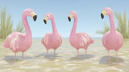 Obraz premium Charming flamingo gathering wading in shallow water beautiful birds tropical ambiance whimsical nature scene pink feathered friends