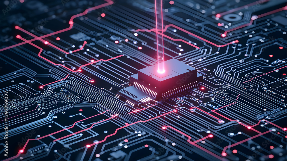 Poster isometric view of circuit board with red and blue digital data lines illuminating processor