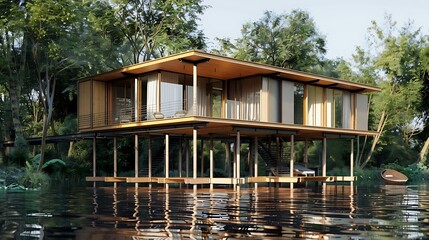 Obraz premium Modern Eco-Friendly House on Stilt over Water Surrounded by Lush Greenery and Flora