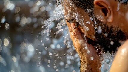 A man engages in Wudu ablution at a mosque fountain, water droplets splashing as he washes his face in preparation for the special Eid prayer, embodying spiritual renewal