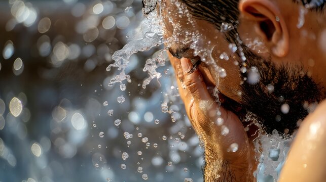 A man engages in Wudu ablution at a mosque fountain, water droplets splashing as he washes his face in preparation for the special Eid prayer, embodying spiritual renewal