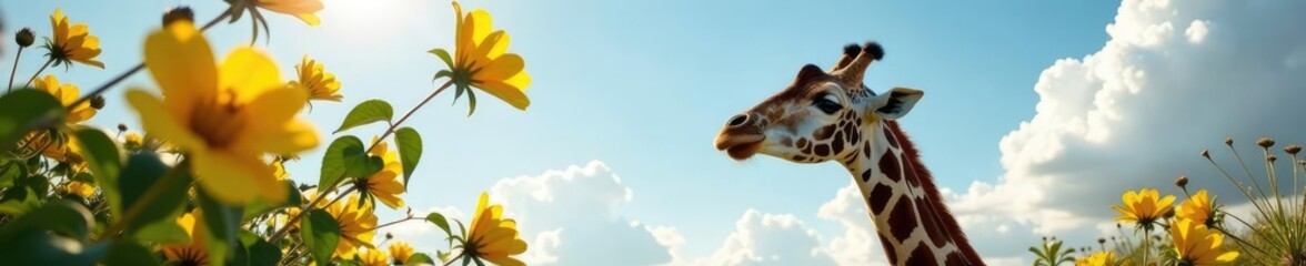 Obraz premium Giraffe's long neck reaching for high flowers, reach, long neck