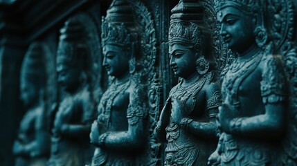 Fototapeta premium Ornate Deities in Sacred Temple Courtyard