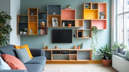 Modern Living Room with Colorful Modular Shelving and Plants