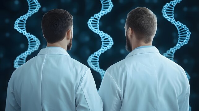 Two Scientists Reviewing DNA Genetic Code Research Back View Lab Coats