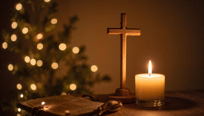 Cross and candle illuminating Bible on rustic table