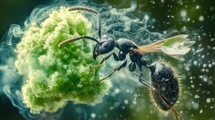 A black ant with a green leaf on its back is shown in a close-up shot.