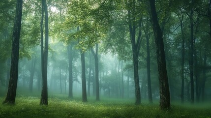 Obraz premium dreamy misty forest where rain trees stand tall in the fog.