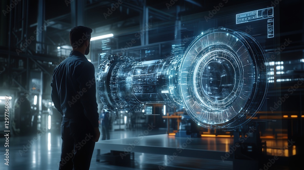 Poster high-tech factory where a male engineer uses augmented reality technology to visualize and optimize 