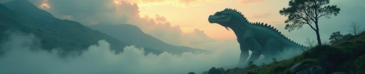 Fototapeta premium Mists lift to reveal giant reptilian creature, tree, misty