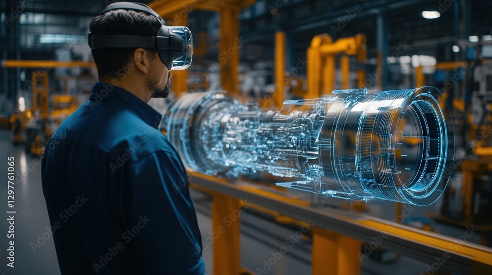 Poster modern factory where a male engineer wears an augmented reality headset to interact with a detailed 