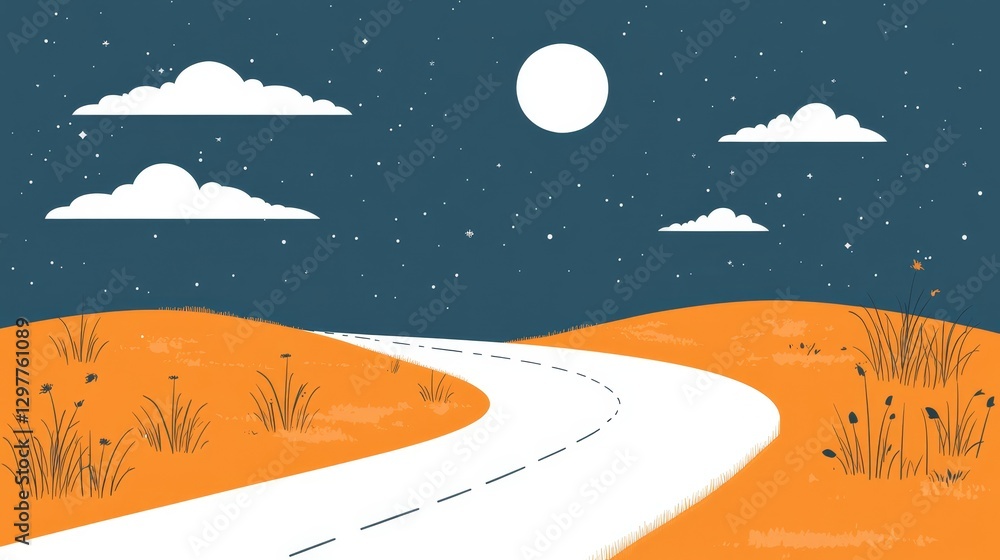 Poster retro pixelated landscape displaying a tranquil road under a starry night with soft clouds and a bri