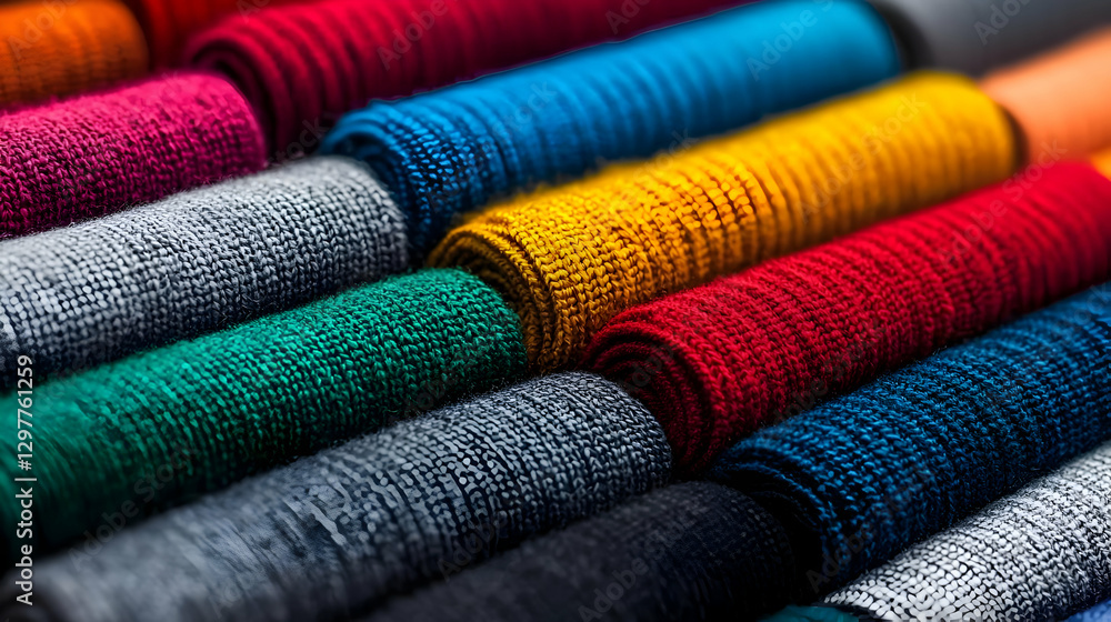 Poster close-up view of colorful textile rolls arranged diagonally with varying textures and a sharp focus