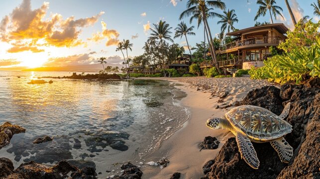 A tropical beach at sunset with a turtle on the rocks. - Powered by Adobe