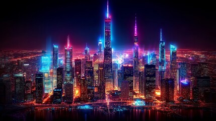 Obraz premium Futuristic urban landscape with radiant neon illuminations and towering skyscrapers portraying a vibrant cityscape at twilight ambience