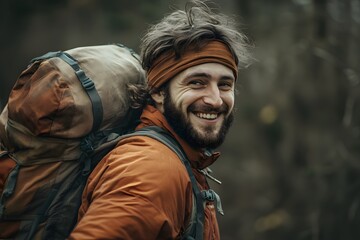 Obraz premium Happy Male Hiker with Backpack Smiling Outdoors in Nature Autumnal Forest