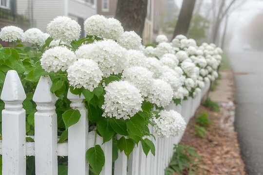 Foggy street, white hydrangeas fence