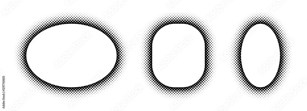 Poster black halftone ellipse frame set. dotted gradient border collection. pop art comic dot picture holde