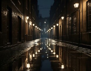Walking Down Dark City Alley with Water Puddles Reflecting Streetlights