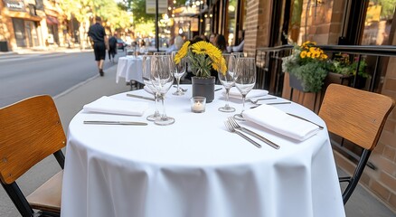 inviting dining setup outdoors includes a white tablecloth and elegant glassware. Surrounding tables and pedestrians contribute to a lively atmosphere in a vibrant street
