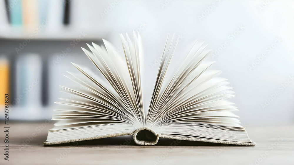 Poster open book displaying pages on wooden desk with blurred white bookshelf in background