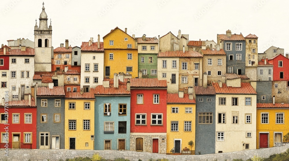 Poster vibrant waterfront architecture illustration showcasing colorful mediterranean style buildings with 