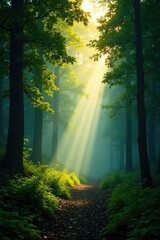 Obraz premium Misty forest with gradient foliage and sunlight filtering through trees, leaves, trees, landscape