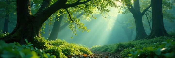 Misty forest with mistletoe vines hanging from branches, nature, growth, leaves