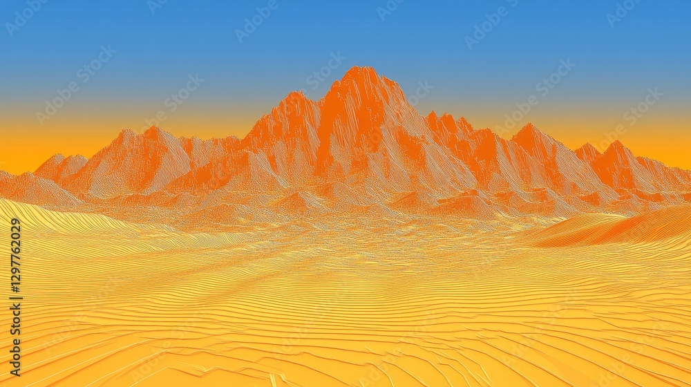 Fototapete digital landscape rendering with low polygon mountains against gradient sky ideal for technology rel
