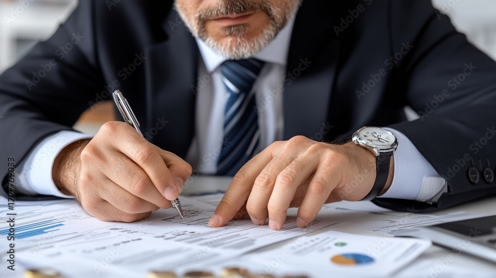 Poster man in a suit is intensely focused on financial documents spread across his desk. he writes notes wh