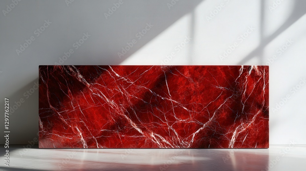 Poster red marble tabletop with dynamic veining, creating bold abstract shadows against a minimalist white 