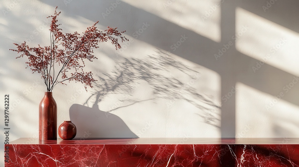 Poster red marble tabletop with dynamic veining, creating bold abstract shadows against a minimalist white 